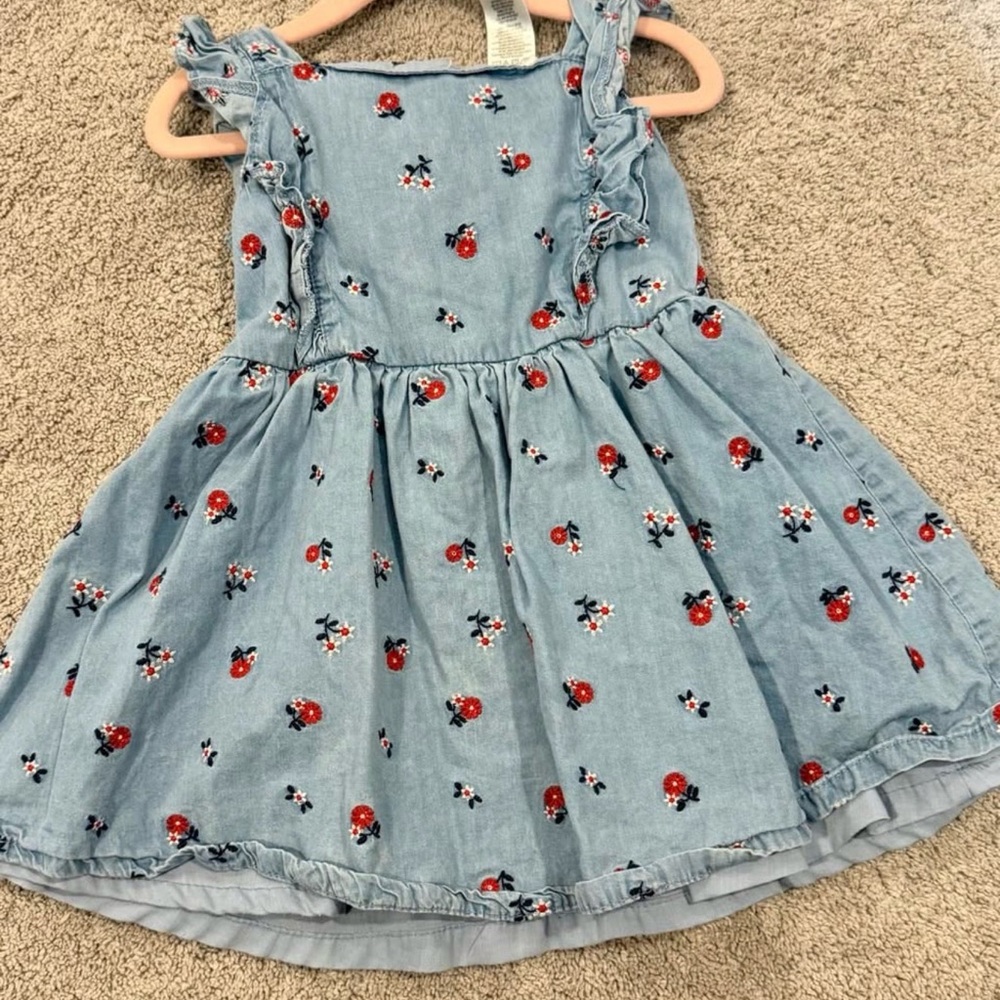 Light Blue Chambray Girls' Dress with Red Floral Embroidery